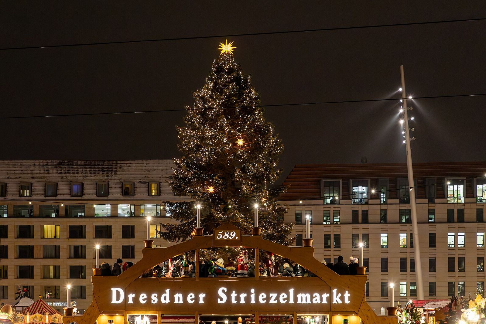 Dresden's Striezelmarkt Christmas market at night on the Altmarkt square