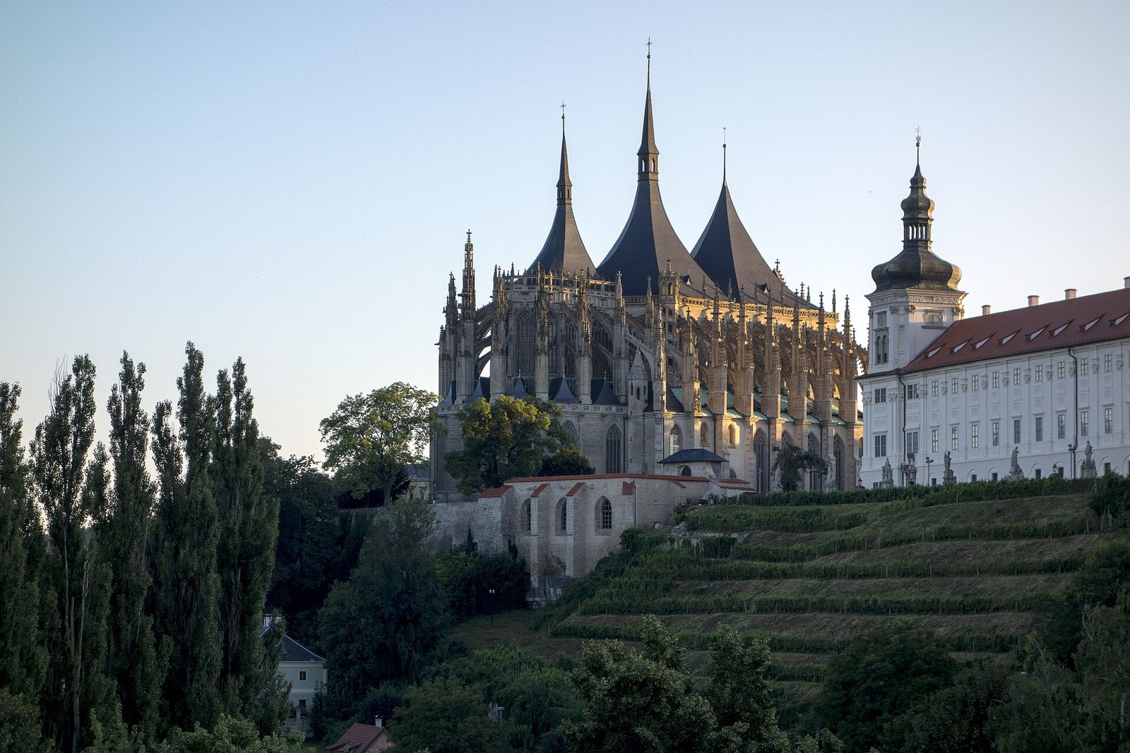St Barbara's Church in Kutná Hora with its three tent-shaped spires above the Jesuit College