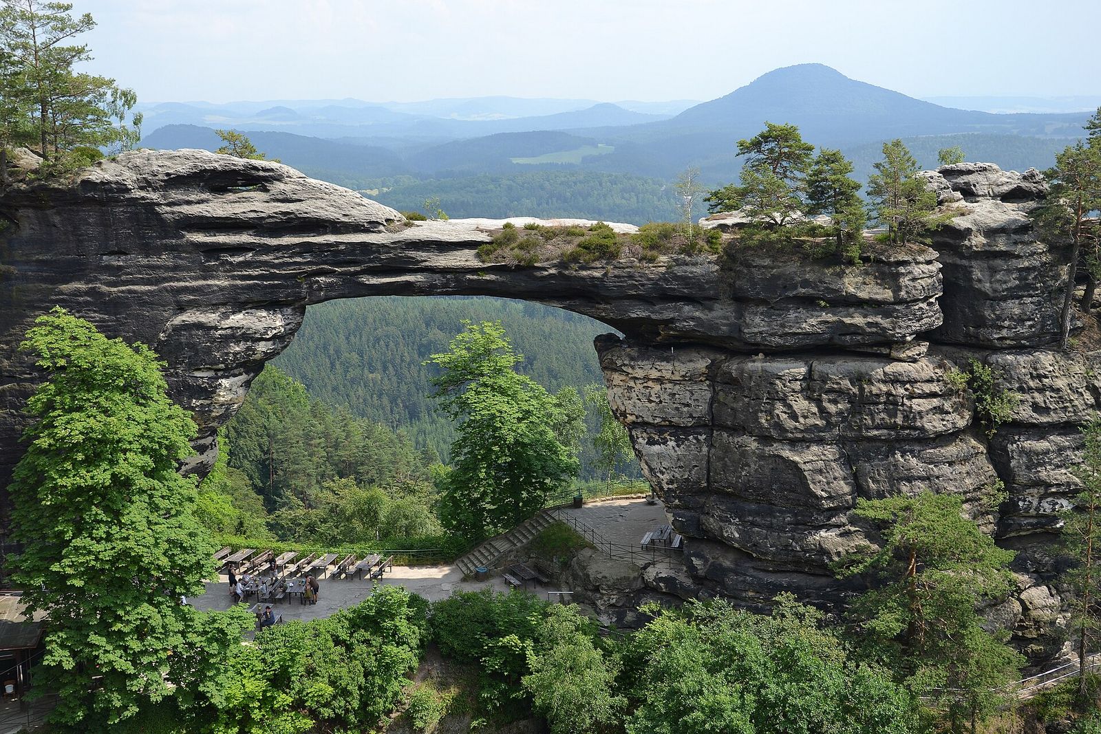 Pravčická Gate, the largest natural sandstone arch in Europe, with the hills of Bohemian Switzerland behind